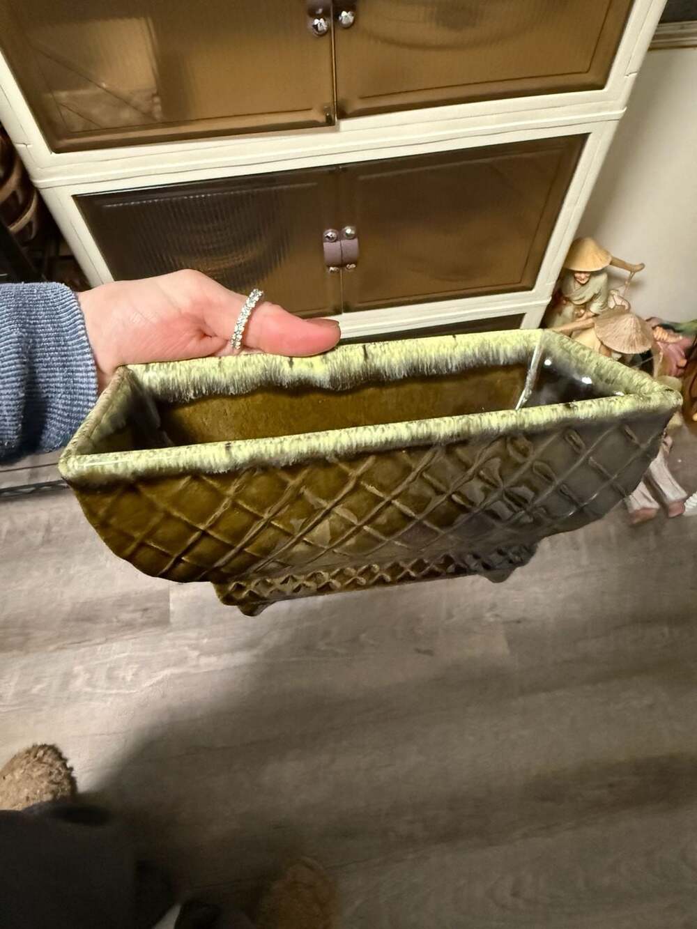 Vintage McCoy Green Drip Glaze Planter 404 USA Cross Hatch Design